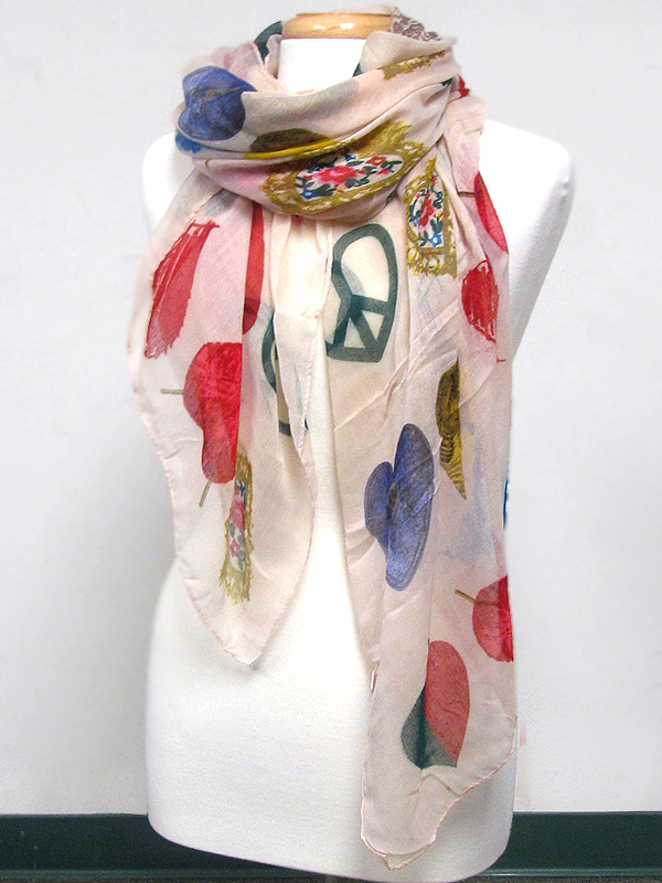 Multi heart and peace pattern viscose scarf