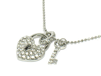 Crystal heart lock and key necklace