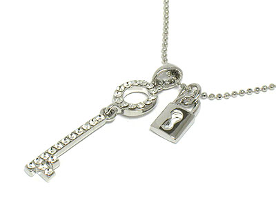 Crystal dangling key and lock necklace