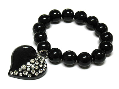 Crystal and acrylic heart charm stretch ball bracelet