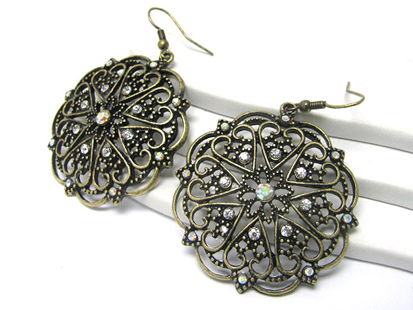 Crystal stud filigree burnish metal round earring