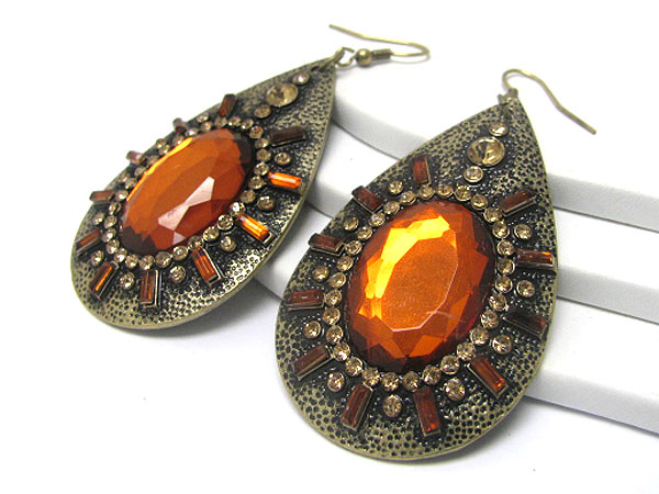 Crystal and glass stone burnish metal large tear drop earring