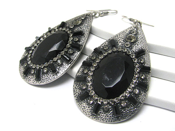 Crystal and glass stone burnish metal large tear drop earring