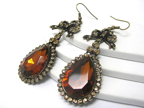 Crystal and glass stone burnish metal ribbon and tear drop earring