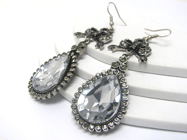 Crystal and glass stone burnish metal ribbon and tear drop earring