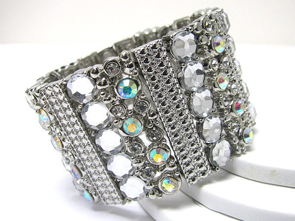 Mixed crystal stud wide metal stretch bracelet