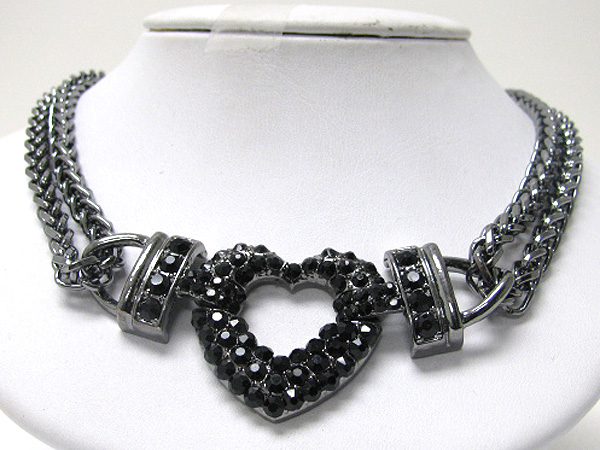 Crystal stud heart and double chain link necklace