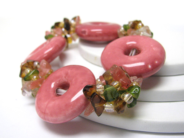 Ceramic donut and multi chip stone stretch bracelet