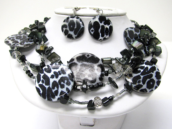 Multi strand animal print shell disk necklace earring set