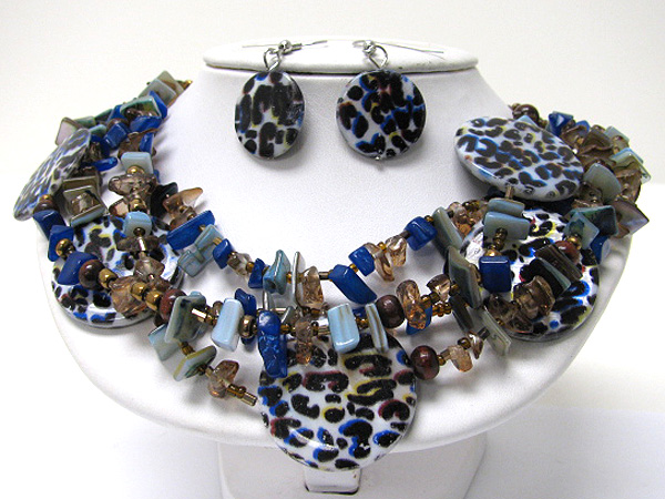 Multi strand animal print shell disk and natural chip stone necklace earring set