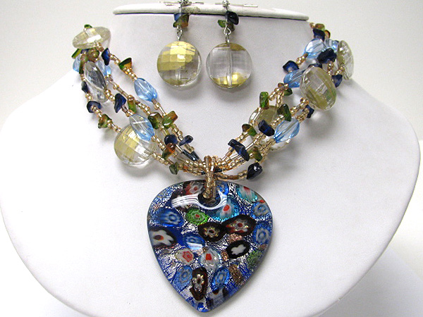 Murano glass heart multi strand natural chip stone necklace earring set