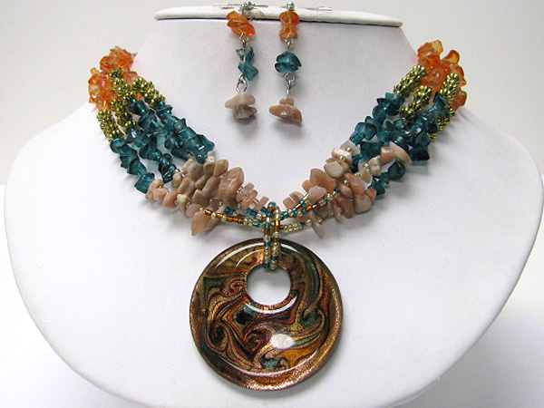 Murano glass donut multi strand natural chip stone necklace earring set