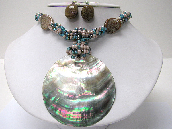 Natural shell round disk and mixed beads necklace earring set