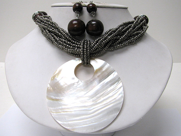 Natural shell round disk and mixed beads necklace earring set