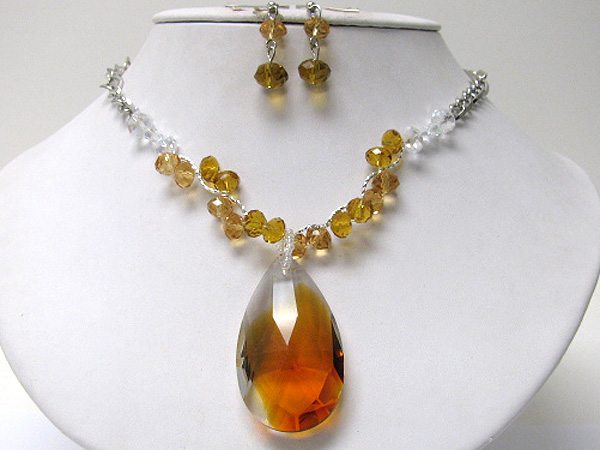 Large facet glass terar drop and beads neckalce earring set