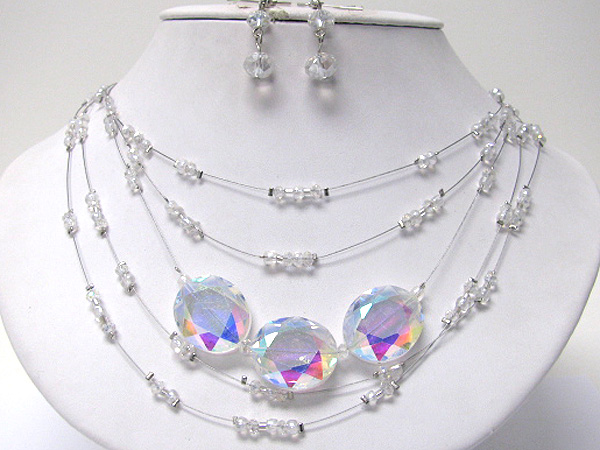 Multi layer tri large and glass seeds necklace earring set