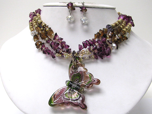 Murano glass butterfly and mixed natural chip stone necklace earrign set