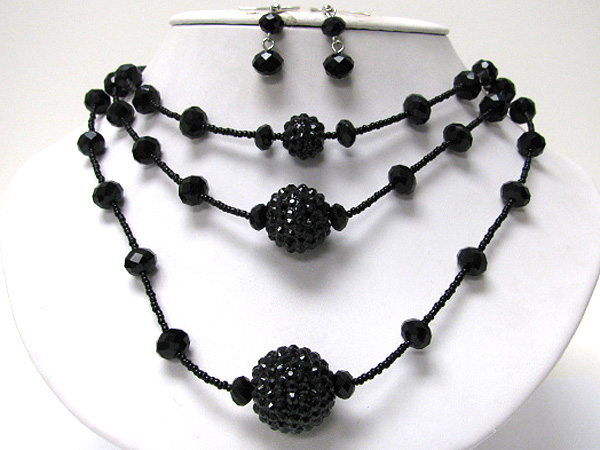 Tri level metallic beads ball and glass beads neckalce earrign set