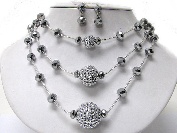 Tri level metallic beads ball and glass beads neckalce earrign set