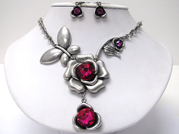 Facet glass stone metal flower and butterfly link neckalce earrign set