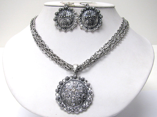 Crystal deco cross textured medallion multi chin necklace earring set