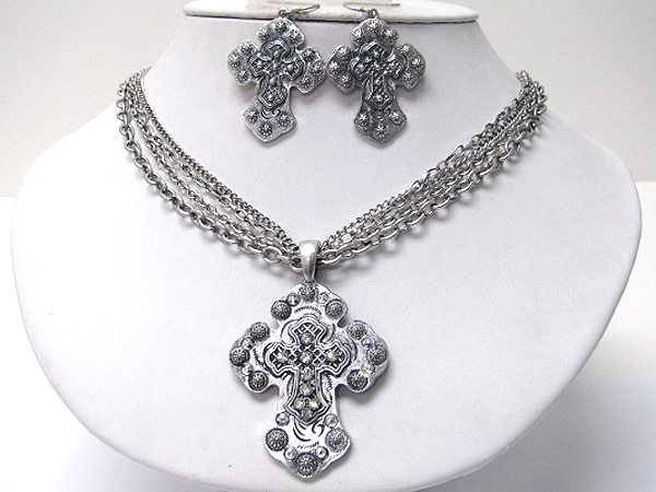 Large metal cross medallion multi chin necklace earring set