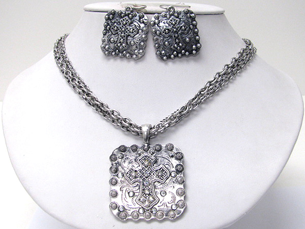 Large metal cross textued square medallion multi chin necklace earring set