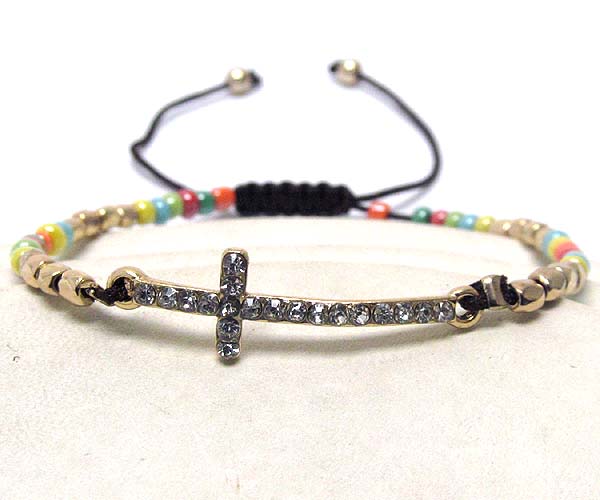 Crystal cross and multi seed beads on braided yarn friendship bracelet