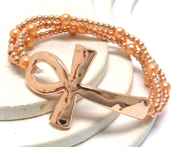 Metal hammerd ankh cross and metal beads with pearl stretch bracelet