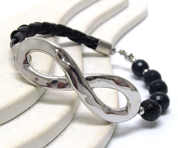 Hammerd infiniti and small metal beads and acryl ball  with leather stretch bracelet