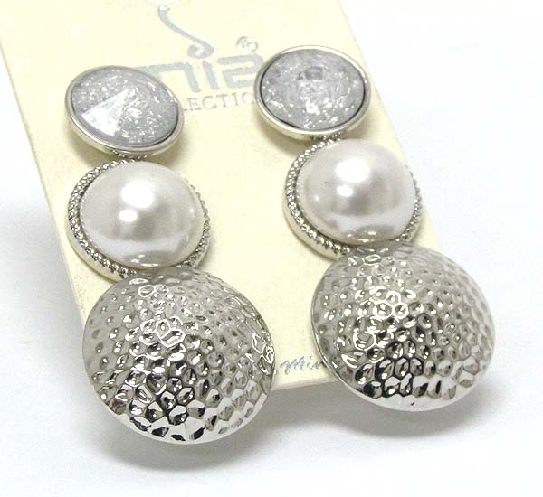 Pearl metal round glass round hamered 3 pair earring set