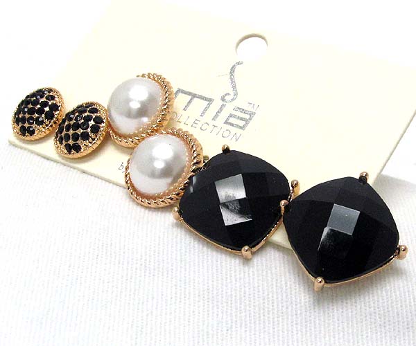 Round crystal metal pearl and glass square 3 pair earring set