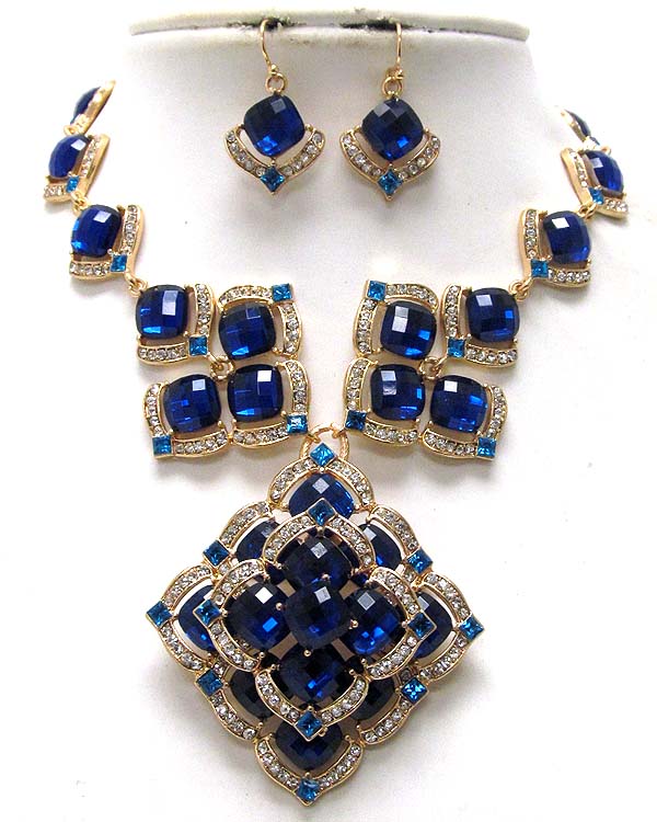 Crystal square glass with crystal on flower pattern drop necklace earring set- pendant can be used as a brooch