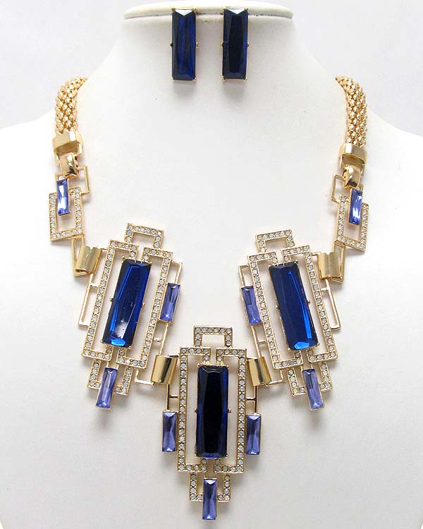 Crystal rectangle glass with crystal pattern drop necklace earring set