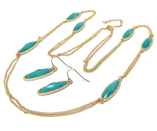 Multi oval facet cut glass drop long chain necklace earring set