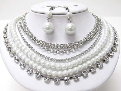 Pearl beads and crystal and metal chain necklace earring set