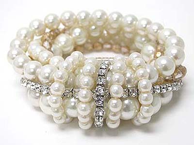 Rhine stone and multi row pearl beads knot stretch bracelet