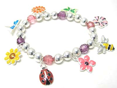 Spring theme epoxy metal flower and bugs charm dangle stretch bracelet