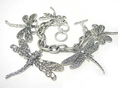 Marcasite texture dragonfly charm and chain link bracelet