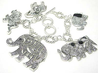 Marcasite texture elephant charm and chain link bracelet