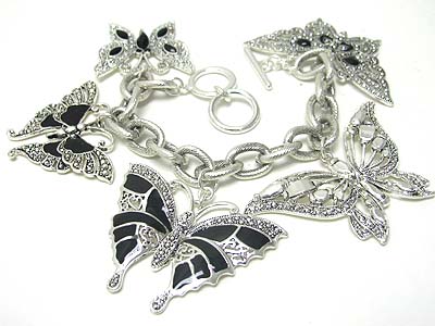 Marcasite texture butterfly charm and chain link bracelet