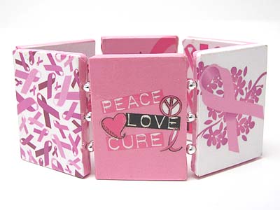 Paper art work wood stretch bracelet - pink ribbon theme - breast cancer awareness