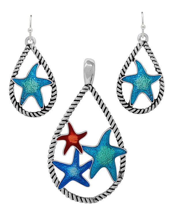 Sealife theme rope textured teardrop pendant and earring set - starfish