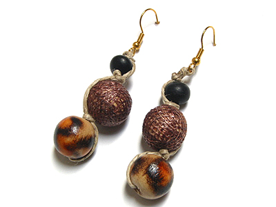 Sinamay wrapped in wood beads burnt wood beads resin beads earring