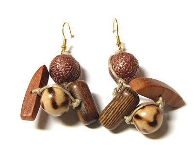 Sinamay wrapped in wood beads burnt wood beads earring