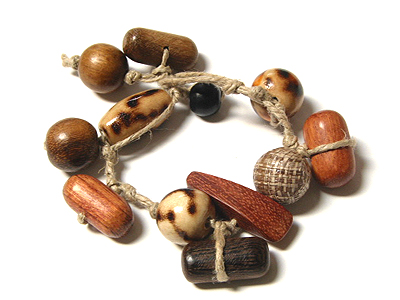 Burnt wood beads sinamay and raffia wirapped bracelet