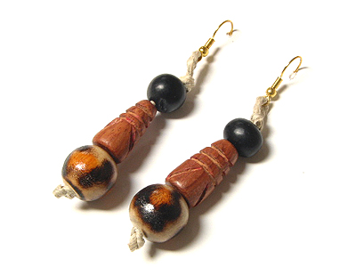 Burnt wood beads with robles wood cone shape beads hemp earring