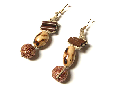 Sinamay wrapped in wood beads burnt wood beads burnt bamboo tube shoe thread earring