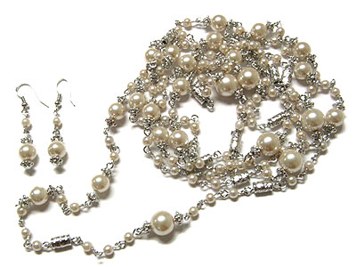 Glass pearl long necklace and earring set