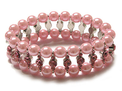 Double row pearl beads and crystal stretch bracelet